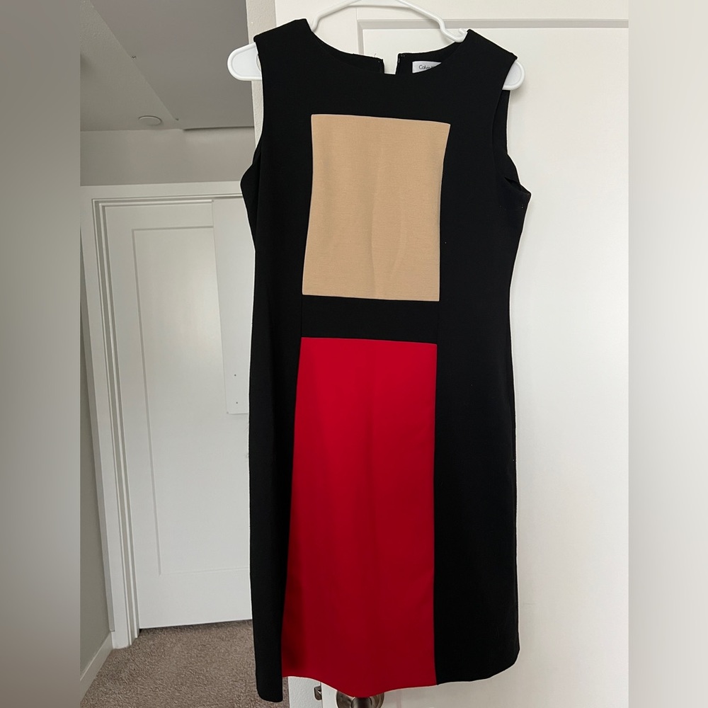 Calvin Klein Black, Beige, and Red Midi Dress